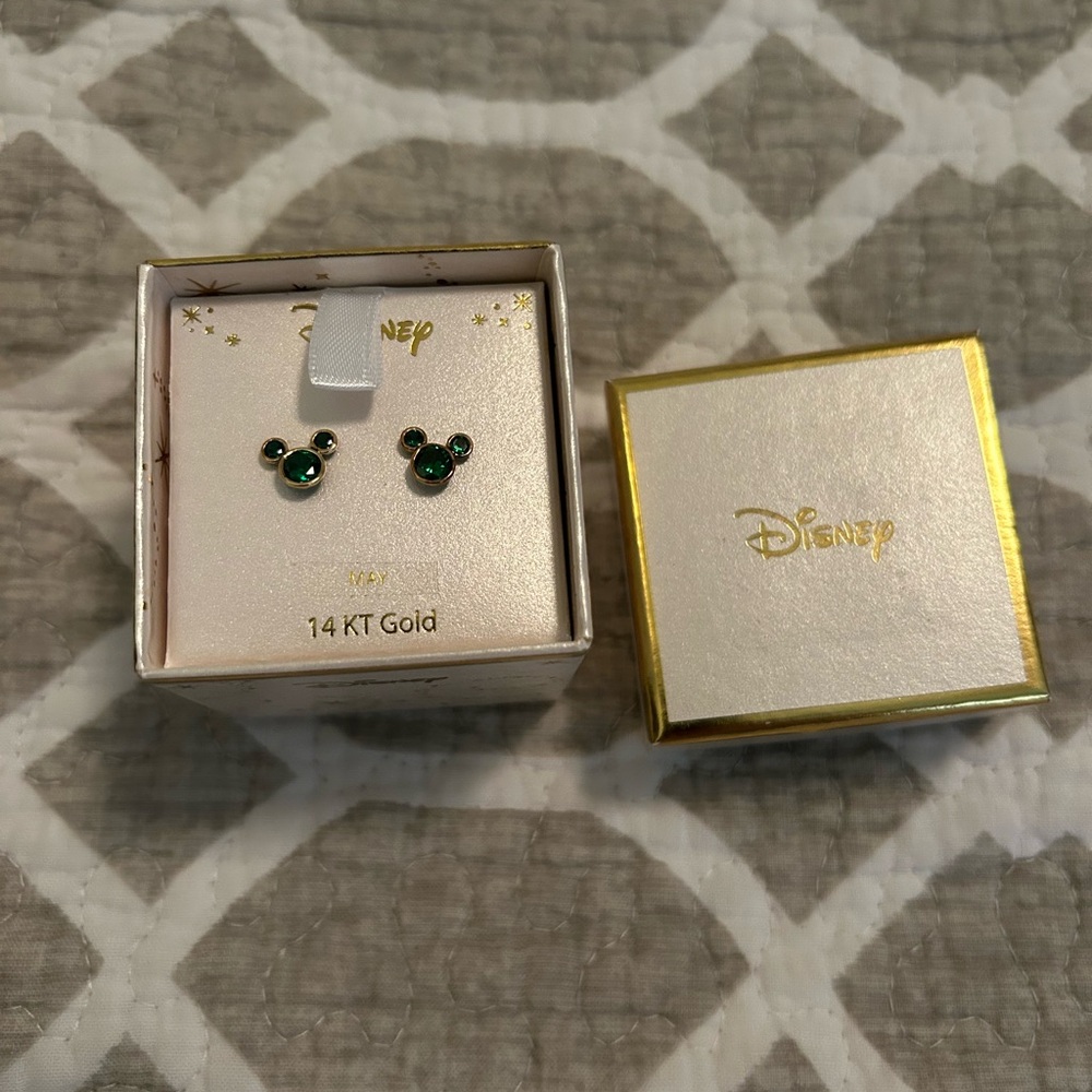 BRAND NEW 14k Gold Disney Earrings - Emerald May Birthstone